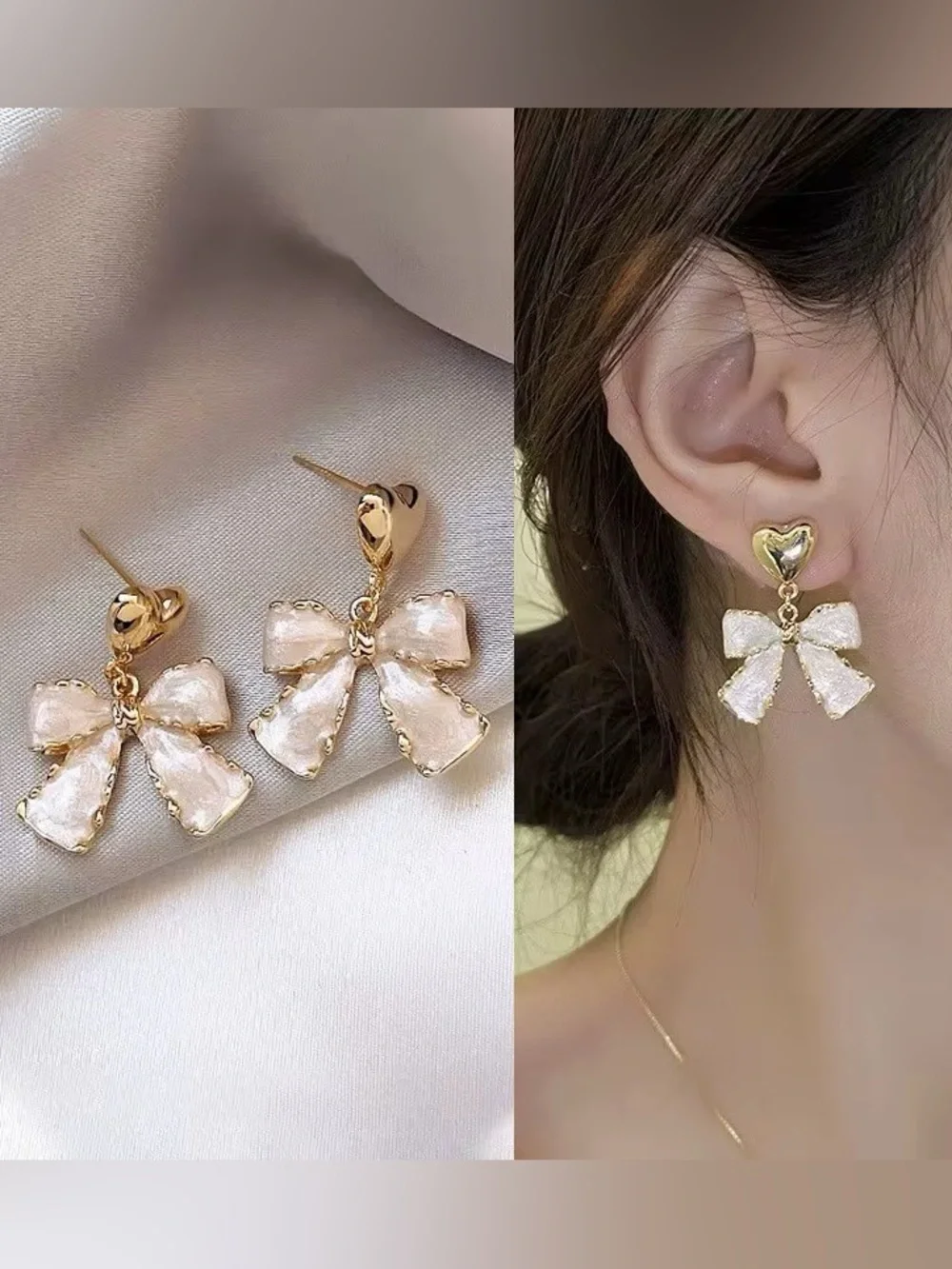 ***Dainty Gold Heart & Cream Bow Drop Earrings